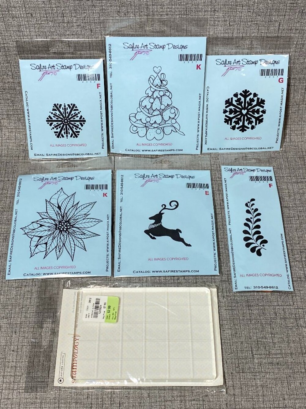UNIQUE VTG Christmas Rubber Stamps Safire Designs & Acrylic Block 7pc Lot NOS